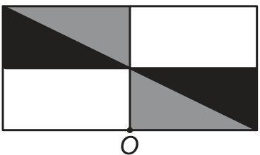 F3 Dois quadrados lado a lado, com o ponto O na base da divisão central. No quadrado esquerdo, a metade inferior é branca e a superior tem uma diagonal descendente que separa cinza acima e preto abaixo. No direito, a metade superior é branca e a inferior tem uma diagonal descendente que separa preto acima e cinza abaixo.