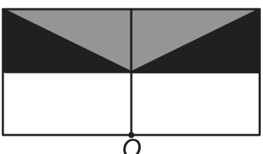 F4 Dois quadrados lado a lado, com o ponto O na base da divisão central. As metades inferiores são brancas. Na metade superior esquerda, uma diagonal descendente separa cinza acima e preto abaixo; na direita, uma diagonal ascendente separa cinza acima e preto abaixo.
