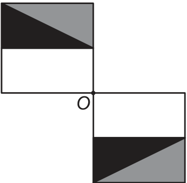 F5 Dois quadrados posicionados diagonalmente, um acima e à esquerda do ponto O e outro abaixo e à direita. No quadrado superior esquerdo, a metade inferior é branca e a superior tem cinza acima de uma diagonal descendente e preto abaixo. No quadrado inferior direito, a metade superior é branca e a inferior tem preto acima de uma diagonal ascendente e cinza abaixo.