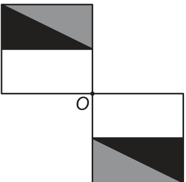 F6 Dois quadrados posicionados diagonalmente, um acima e à esquerda do ponto O e outro abaixo e à direita. No quadrado superior esquerdo, a metade inferior é branca e a superior tem cinza acima de uma diagonal descendente e preto abaixo. No quadrado inferior direito, a metade superior é branca e a inferior tem preto acima de uma diagonal descendente e cinza abaixo.