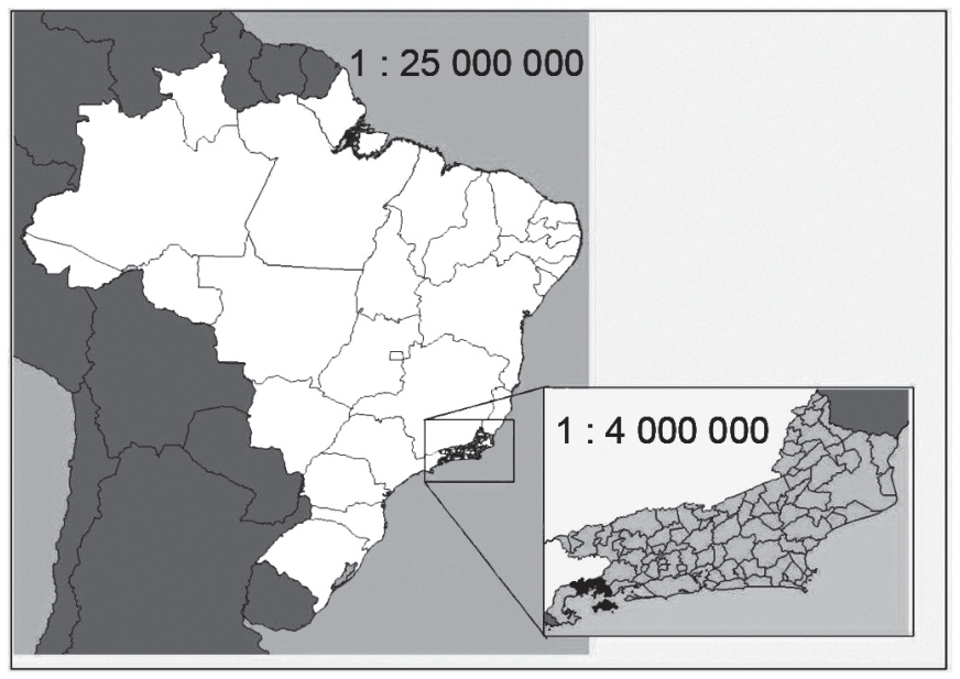 Mapa do Brasil na escala 1 : 25 000 000 com o contorno dos estados e uma caixa de ampliação sobre o estado do Rio de Janeiro apontando para um mapa detalhado do estado com seus municípios na escala 1 : 4 000 000.