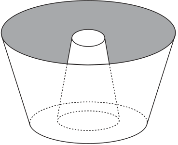 F1 Forma de bolo representada por um tronco de cone com base superior maior que a inferior e um furo central também em forma de tronco de cone, com abertura superior menor que a inferior; as partes não visíveis são indicadas por linhas tracejadas.
