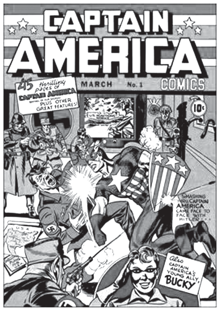 Capa da primeira edição da revista em quadrinhos Captain America Comics, publicada em março de 1941, mostrando o Capitão América desferindo um soco no rosto de Adolf Hitler em uma sala de comando com soldados nazistas armados ao redor. No canto inferior direito, há um quadro destacando o jovem aliado Bucky.