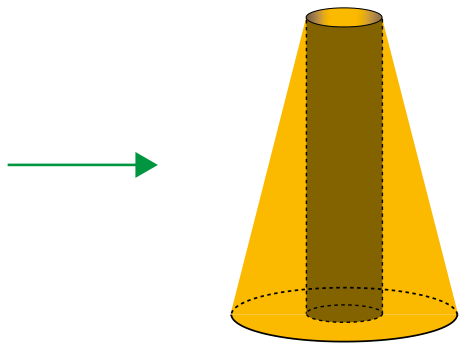 F1 Seta verde apontando para o tronco de cone com uma perfuração cilíndrica central de base a base