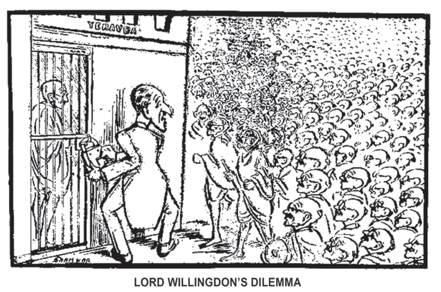 Cartum intitulado "LORD WILLINGDON'S DILEMMA", no qual uma autoridade britânica de terno e bengala tranca Mahatma Gandhi dentro de uma cela com o letreiro "YERAVDA". Ao virar-se ou estar de costas para a rua, vê-se uma multidão imensa formada por pessoas que se parecem exatamente com Gandhi.