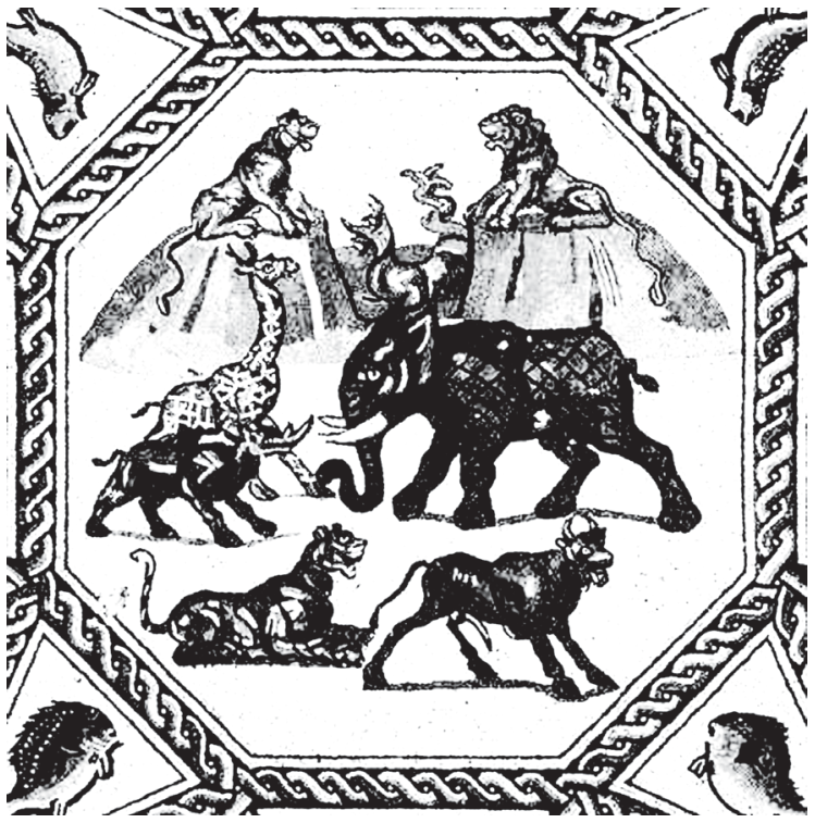 Mosaico romano em formato octogonal delimitado por borda entrelaçada, retratando diversos animais exóticos e selvagens em uma paisagem rochosa, entre eles um grande elefante no centro, uma girafa, leões empoleirados sobre elevações, felinos e quadrúpedes.