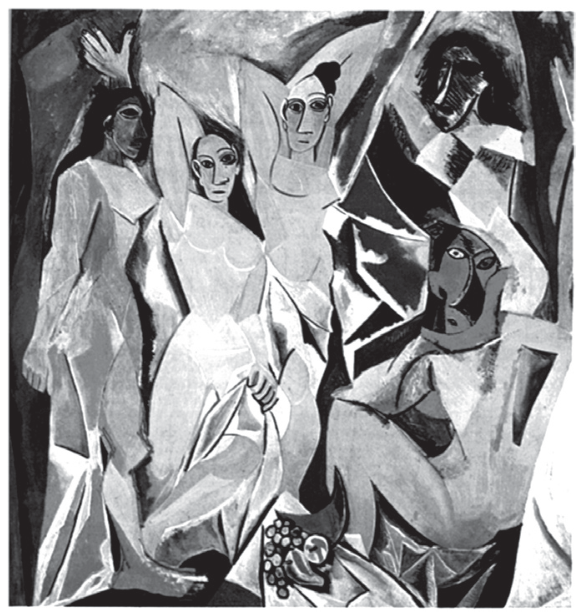 F1 Pintura Les Demoiselles d'Avignon, de Pablo Picasso, apresentando cinco figuras femininas em planos fragmentados e angulosos, com traços geométricos e rostos estilizados, alguns lembrando máscaras africanas.