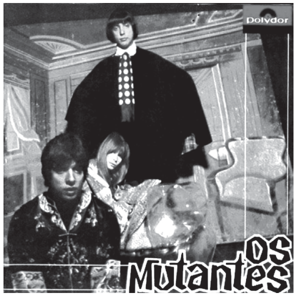Capa do álbum "Os Mutantes", de 1968, com os integrantes da banda trajando figurinos psicodélicos em um cenário ilustrado, trazendo o logotipo da gravadora Polydor no canto superior direito e a inscrição estilizada "OS Mutantes" no canto inferior direito.