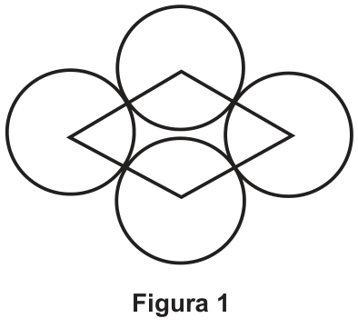 Figura 1: Quatro circunferências de mesmo raio mutuamente tangentes duas a duas externamente, cujos centros formam os vértices de um losango desenhado sobre elas.