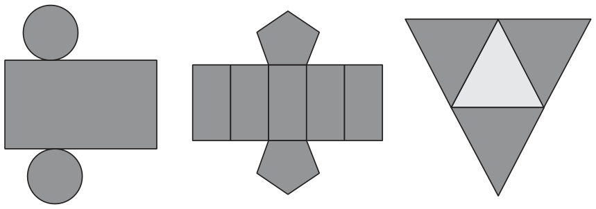 F1 Três planificações de sólidos geométricos: a primeira é formada por um retângulo com dois círculos opostos; a segunda é formada por cinco retângulos adjacentes com dois pentágonos opostos em uma das faces; e a terceira é formada por quatro triângulos (um central e três adjacentes a cada um de seus lados).