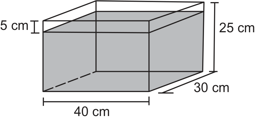 Tanque retangular com 40 cm de largura, 30 cm de profundidade e 25 cm de altura; o nível da água está 5 cm abaixo da borda.