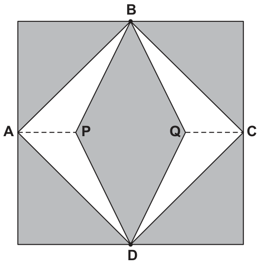 Quadrado com pontos médios A, B, C e D nos lados, contendo regiões sombreadas e claras; segmentos tracejados AP e QC unem os pontos médios laterais aos vértices de um losango interno sombreado BPDQ.