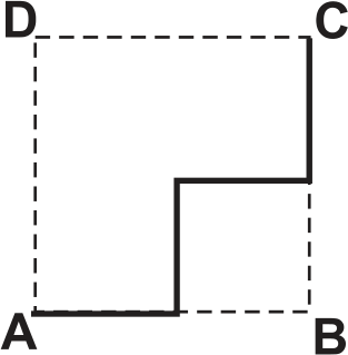 F2 Base quadrada ABCD com traçado contínuo que vai de A até o meio de AB, sobe verticalmente até o centro, segue horizontalmente até a aresta BC e sobe até C