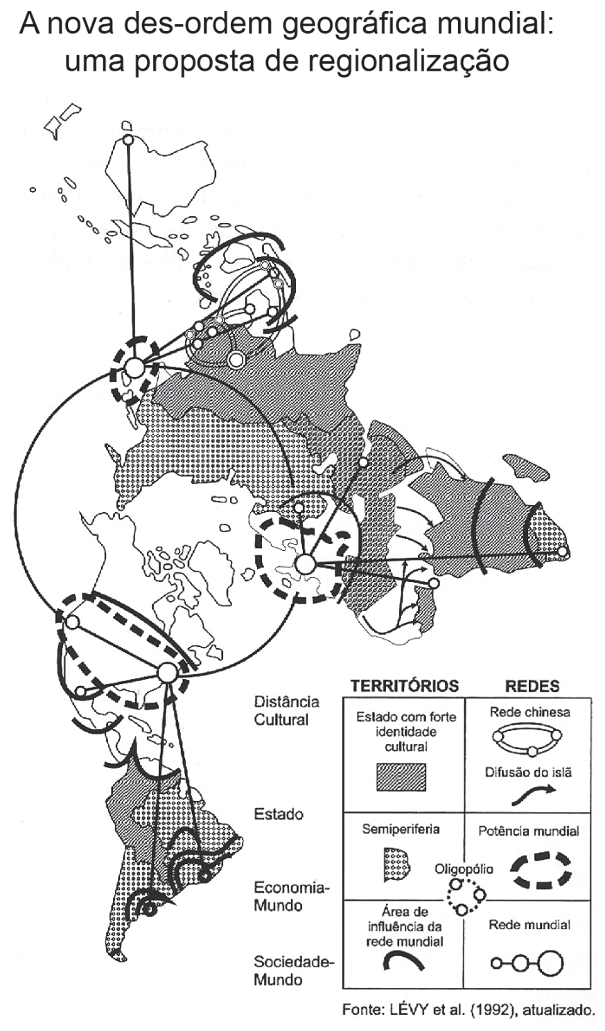 Mapa-múndi esquemático intitulado "A nova des-ordem geográfica mundial: uma proposta de regionalização", apresentando representações de territórios e fluxos em redes interligadas globalmente, acompanhado de legenda categorizando Territórios (Estado com forte identidade cultural, Semiperiferia) e Redes (Rede chinesa, Difusão do islã, Potência mundial, Oligopólio, Área de influência da rede mundial, Rede mundial).