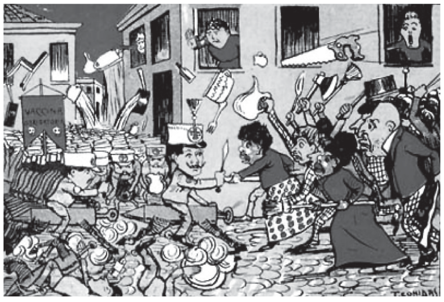 Charge de Leonidas na capa da revista "O Malho" (1904) retratando um violento confronto de rua entre as forças de saúde pública e a população. À esquerda, Oswaldo Cruz e um batalhão de homens fardados avançam armados com seringas gigantescas e uma bandeira onde se lê "VACINA OBRIGATÓRIA". À direita e nas janelas dos sobrados, homens e mulheres da população civil reagem atirando objetos domésticos (panelas, pratos, água) e empunhando machados, serrotes, vassouras e garfos contra as forças governamentais.