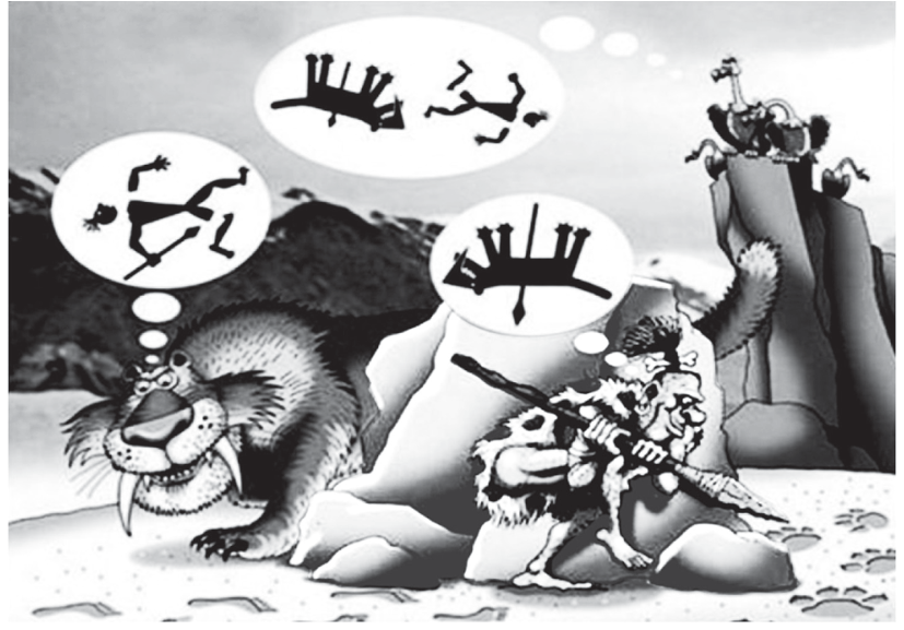 F1 Ilustração em preto e branco mostrando um tigre-dentes-de-sabre e um homem pré-histórico com uma lança escondidos atrás de rochas, ambos prestes a se emboscarem e pensando em derrotar o outro. Em um monte ao lado, abutres observam a cena.