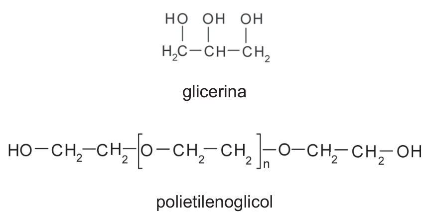 Fórmulas estruturais da glicerina e do polietilenoglicol