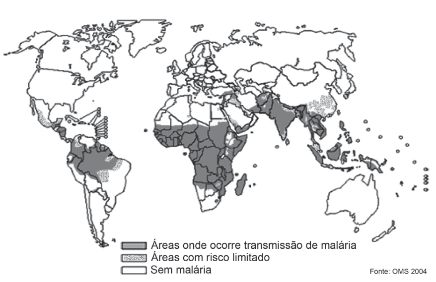 Mapa-múndi da distribuição da malária com áreas onde ocorre transmissão de malária, áreas com risco limitado e sem malária