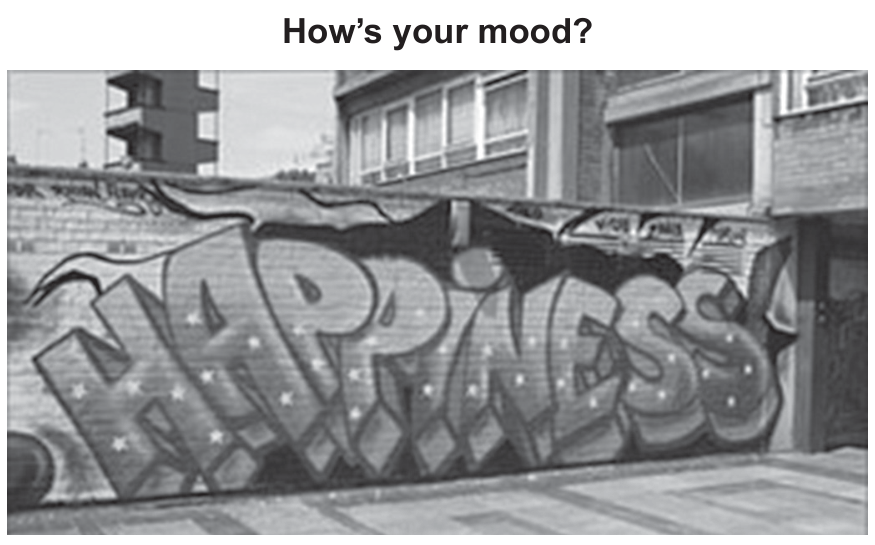 Fotografia em preto e branco de um muro em área urbana com um grande grafite tridimensional estilizado onde se lê a palavra "HAPPINESS!". Ao fundo, veem-se prédios residenciais.