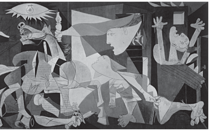 Reprodução da pintura Guernica, de Pablo Picasso, em estilo cubista e tons monocromáticos de cinza, preto e branco, retratando figuras humanas e animais em sofrimento e desespero em meio à destruição de um bombardeio.