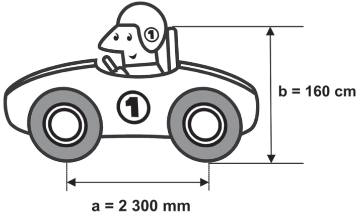 Ilustração de um carro de corrida com um piloto. A distância entre os eixos das rodas dianteira e traseira é indicada na horizontal como a = 2 300 mm. A altura entre o solo e o topo do encosto do piloto é indicada na vertical como b = 160 cm.
