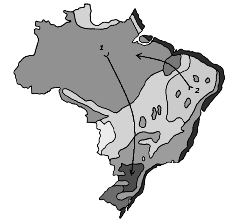 F1 Mapa do Brasil com áreas de ecossistemas representadas por diferentes tons de cinza. O trajeto 1 parte da região amazônica e segue até o Sul; o trajeto 2 parte do Nordeste e segue até a região amazônica.