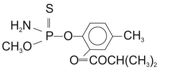 Fórmula estrutural com fósforo ligado por dupla ligação a enxofre e por ligações simples a H₂N, CH₃O e O ligado a um anel benzênico com substituintes CH₃ e O=COCH(CH₃)₂.