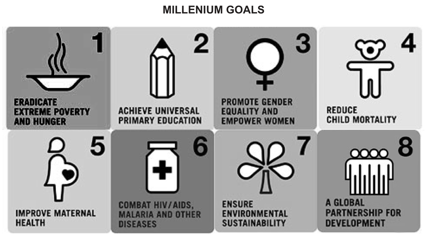 Cartaz com o título "MILLENIUM GOALS" apresentando oito objetivos de desenvolvimento do milênio, numerados de 1 a 8 com ícones ilustrativos e textos em inglês: 1. Eradicate extreme poverty and hunger; 2. Achieve universal primary education; 3. Promote gender equality and empower women; 4. Reduce child mortality; 5. Improve maternal health; 6. Combat HIV/AIDS, malaria and other diseases; 7. Ensure environmental sustainability; 8. A global partnership for development.