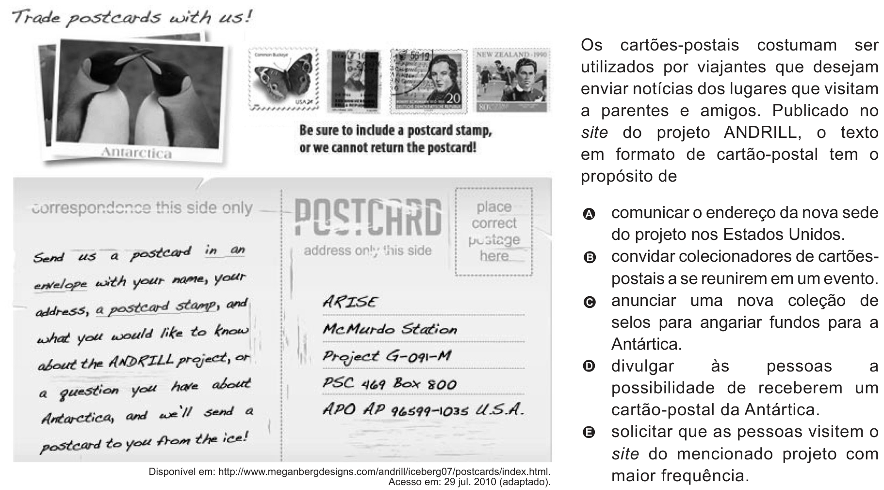 Imagem de uma página do projeto ANDRILL com o título "Trade postcards with us!", ilustrada com fotos de pinguins na Antártica e quatro selos, acompanhada da instrução "Be sure to include a postcard stamp, or we cannot return the postcard!". Abaixo, a representação de um cartão-postal com um texto manuscrito no campo de correspondência solicitando o envio de uma pergunta sobre o projeto ou a Antártica em troca de um postal, e o endereço de destino na Estação McMurdo.