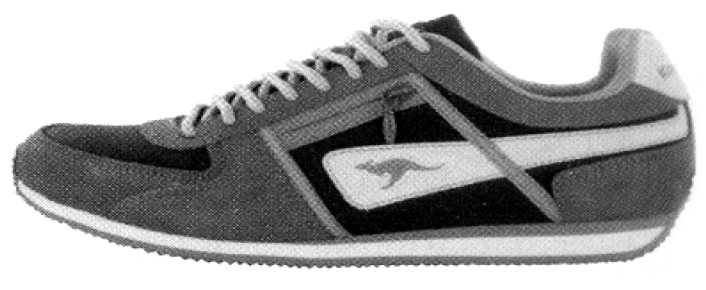 Tênis esportivo da marca KangaROOS visto de perfil, com cadarço, detalhes nas laterais e a silhueta de um canguru estampada.