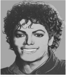 Retrato em preto e branco de Michael Jackson, com cabelos cacheados e sorriso.