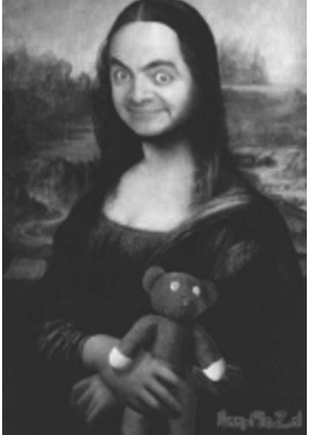 Montagem em preto e branco da Mona Lisa com o rosto de Mr. Bean, segurando um ursinho de pelúcia.