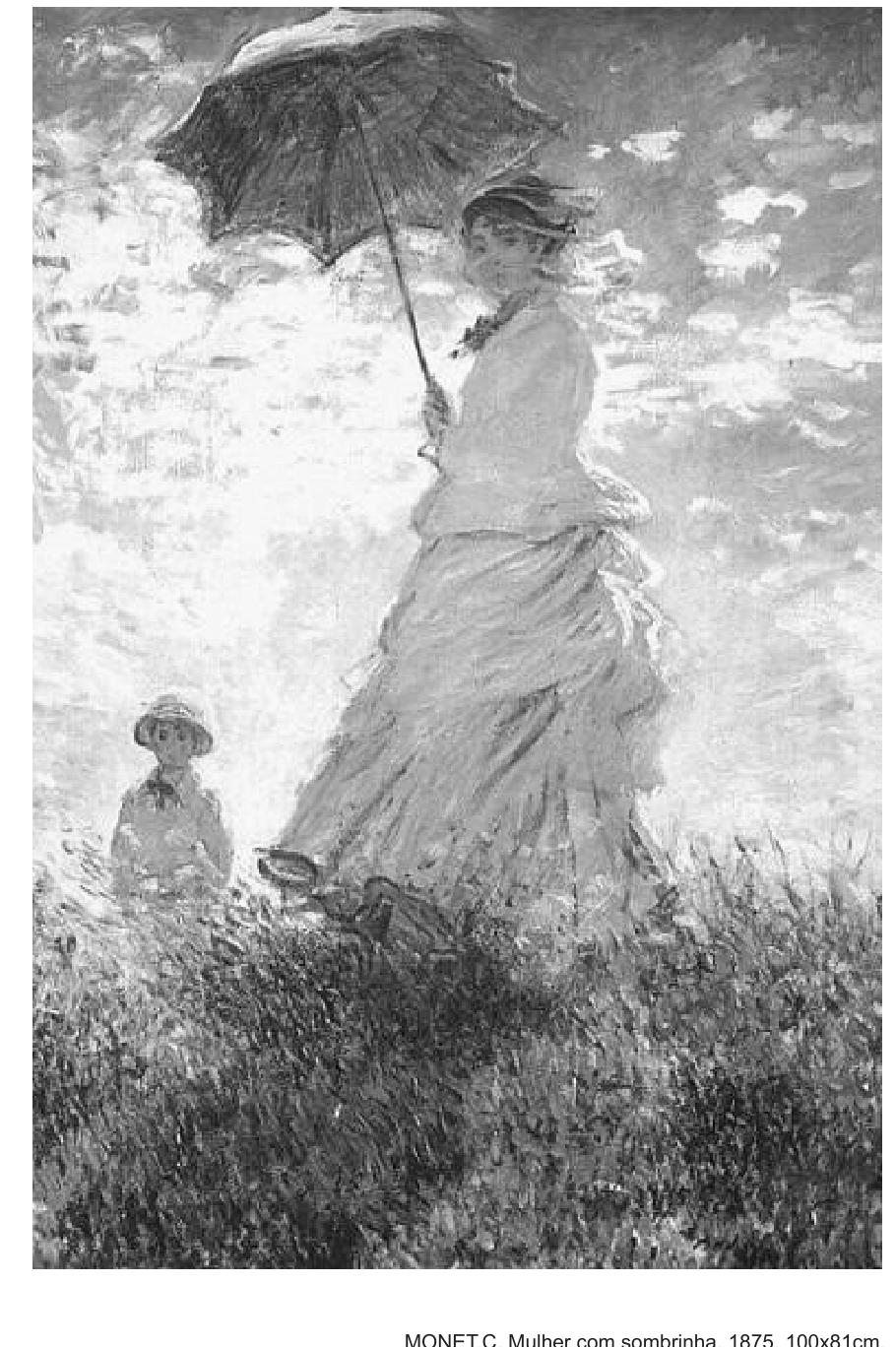 F1 Pintura impressionista "Mulher com sombrinha", de Claude Monet, retratando uma mulher em pé num campo com uma sombrinha contra o céu iluminado, e uma criança ao fundo.