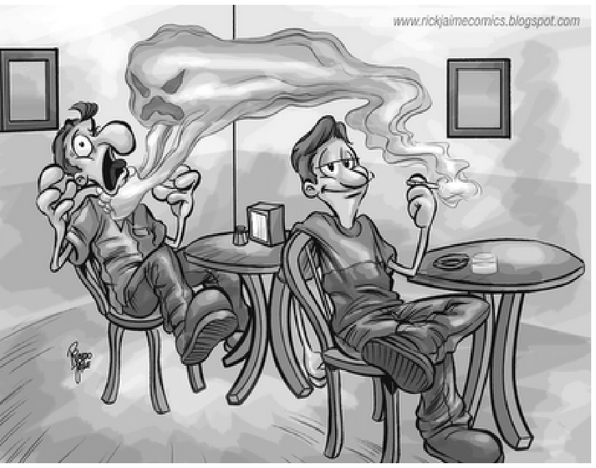 Charge mostrando dois homens sentados em mesas contíguas; o homem da direita fuma calmamente, enquanto a fumaça de seu cigarro toma a forma de uma criatura ameaçadora que sufoca o homem da esquerda, que expressa desespero.