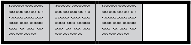 Lousa dividida em quatro partes iguais; as três primeiras estão sombreadas e contêm linhas de texto representadas por letras x, e a última está em branco.