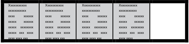 Lousa dividida em cinco partes iguais; as quatro primeiras estão sombreadas e contêm linhas de texto representadas por letras x, e a última está em branco.