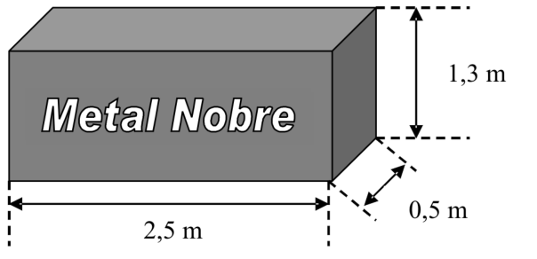 F1 Ilustração de um paralelepípedo retangular com a inscrição "Metal Nobre" em sua face frontal e indicação das medidas das três dimensões: comprimento de 2,5 m, largura de 0,5 m e altura de 1,3 m.