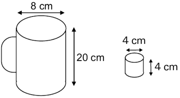 Desenho de uma leiteira cilíndrica com diâmetro de 8 cm e altura de 20 cm, e de um copinho cilíndrico com diâmetro de 4 cm e altura de 4 cm.