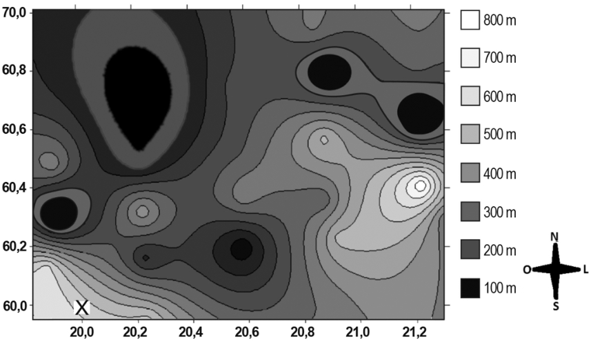 Mapa com curvas de nível em tons de cinza associadas a altitudes de 100 m a 800 m. O eixo horizontal indica longitude (20,0 a 21,2) e o vertical indica latitude (60,0 a 70,0). No canto inferior esquerdo está assinalado o ponto X em (20,0; 60,0), e à direita há uma rosa dos ventos com as direções N, S, L e O.