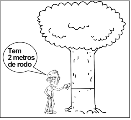 F1 Ilustração de um homem em frente a uma árvore, medindo o tronco na altura do peito com uma fita métrica, com um balão de fala dizendo: "Tem 2 metros de rodo".