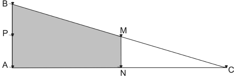 F1 Triângulo retângulo ABC com vértices A, B e C, e ângulo reto em A. O ponto P é o ponto médio do lado AB, M é o ponto médio da hipotenusa BC, e N é o ponto médio do lado AC. Um segmento liga os pontos M e N, e a região do trapézio ABNM está sombreada.