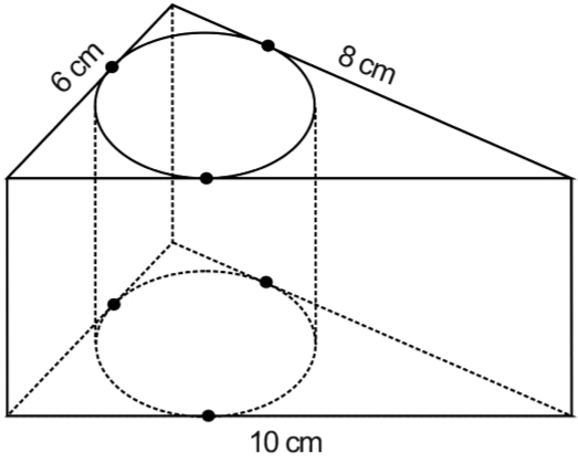 F1 Prisma reto de base triangular vazado por um cilindro circular reto cujas bases circulares estão inscritas nos triângulos das bases do prisma, com lados da base medindo 6 cm, 8 cm e 10 cm.