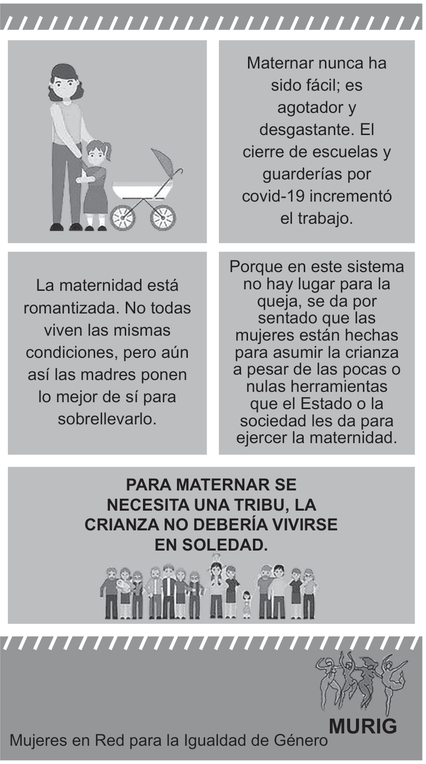 F1 Infográfico da campanha com cinco blocos de mensagens e ilustrações sobre a sobrecarga da maternidade durante a pandemia, destacando a frase: "PARA MATERNAR SE NECESITA UNA TRIBU, LA CRIANZA NO DEBERÍA VIVIRSE EN SOLEDAD", com a assinatura do MURIG (Mujeres en Red para la Igualdad de Género).
