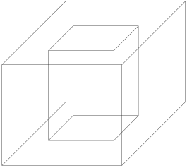 Desenho em perspectiva de um cubo maior com um cubo menor vazio em seu interior, ambos representados por arestas.