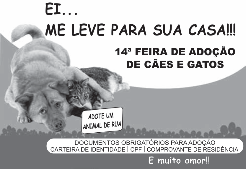 Cartaz da 14ª Feira de Adoção de Cães e Gatos, mostrando uma fotografia em preto e branco de um cachorro e um gato deitados juntos. No topo, lê-se "EI... ME LEVE PARA SUA CASA!!!" e "14ª FEIRA DE ADOÇÃO DE CÃES E GATOS". Próximo aos animais, há uma pequena placa com a inscrição "ADOTE UM ANIMAL DE RUA". Na base, em uma faixa branca arredondada, lê-se "DOCUMENTOS OBRIGATÓRIOS PARA ADOÇÃO / CARTEIRA DE IDENTIDADE | CPF | COMPROVANTE DE RESIDÊNCIA", seguido abaixo pelo texto "E muito amor!!".