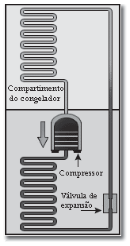 F1 Esquema simplificado do ciclo de funcionamento de uma geladeira, mostrando o compartimento do congelador na parte superior com sua tubulação em serpentina, e na parte inferior o compressor, a válvula de expansão e a serpentina externa.