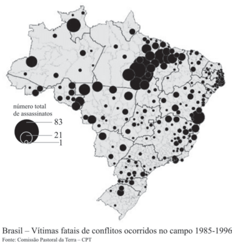 Mapa do Brasil com círculos proporcionais indicando o número total de assassinatos em conflitos agrários no campo entre 1985 e 1996, variando de 1 a 83 mortes, com maior concentração e círculos maiores na região entre o sul do Pará, norte do Tocantins e oeste do Maranhão.