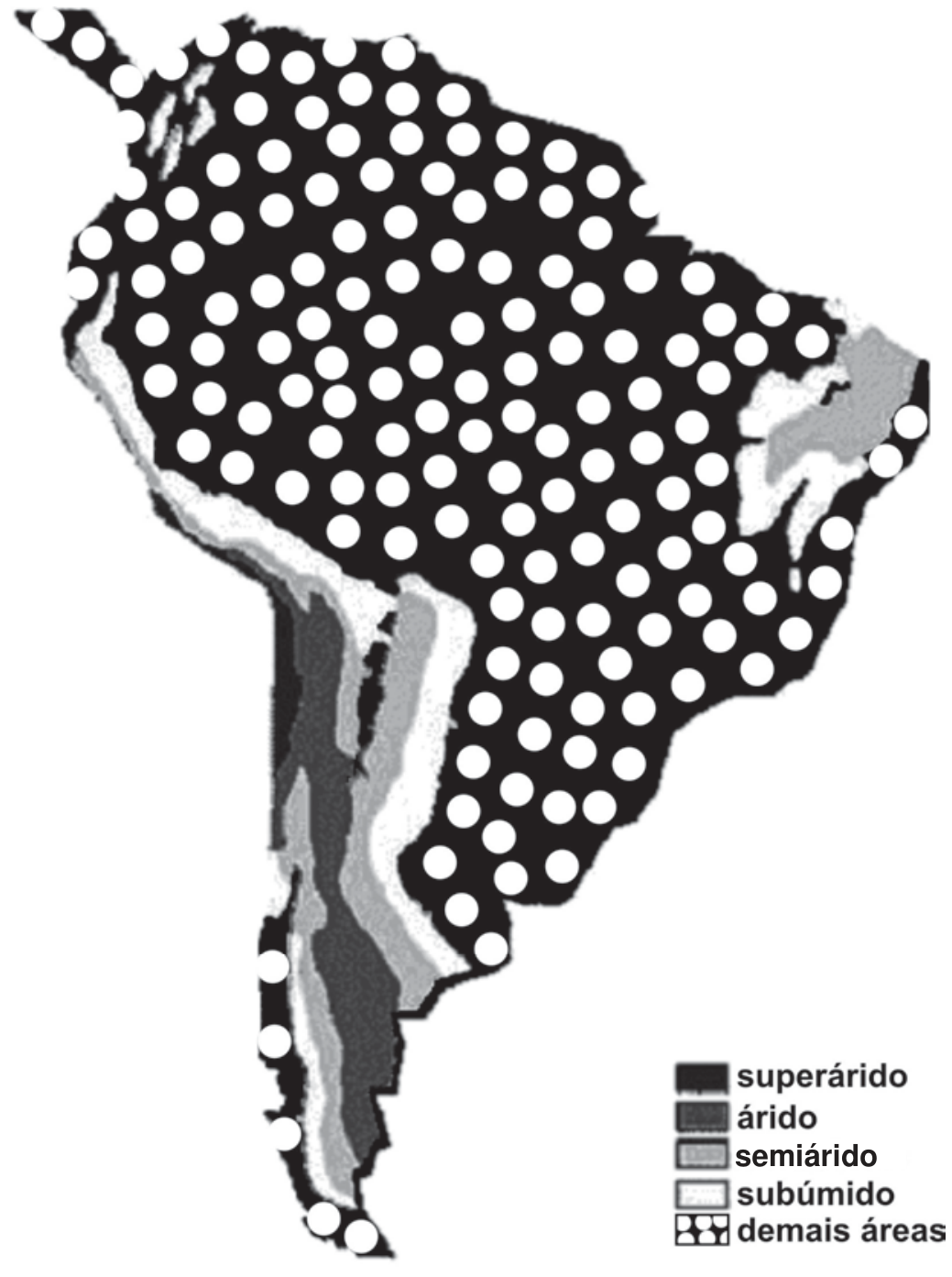 Mapa da América do Sul classificando as regiões pelo grau de aridez verificado: superárido, árido, semiárido, subúmido e demais áreas, destacando faixas áridas na costa pacífica e Patagônia, e uma área semiárida no Nordeste brasileiro.