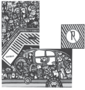 Composição gráfica em preto e branco com figuras humanas, um carro, faixas diagonais e um quadrado com a letra R.
