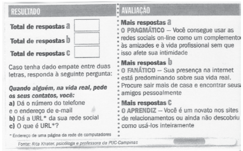 Quadro dividido em duas colunas: à esquerda, "RESULTADO", com campos para preenchimento de total de respostas a, b e c, seguido da instrução para desempate com uma pergunta de múltipla escolha ("Quando alguém, na vida real, pede os seus contatos, você:"); à direita, "AVALIAÇÃO", definindo três perfis: "O PRAGMÁTICO" (mais respostas a), "O FANÁTICO" (mais respostas b, com a recomendação de sair mais e encontrar amigos pessoalmente) e "O APRENDIZ" (mais respostas c).